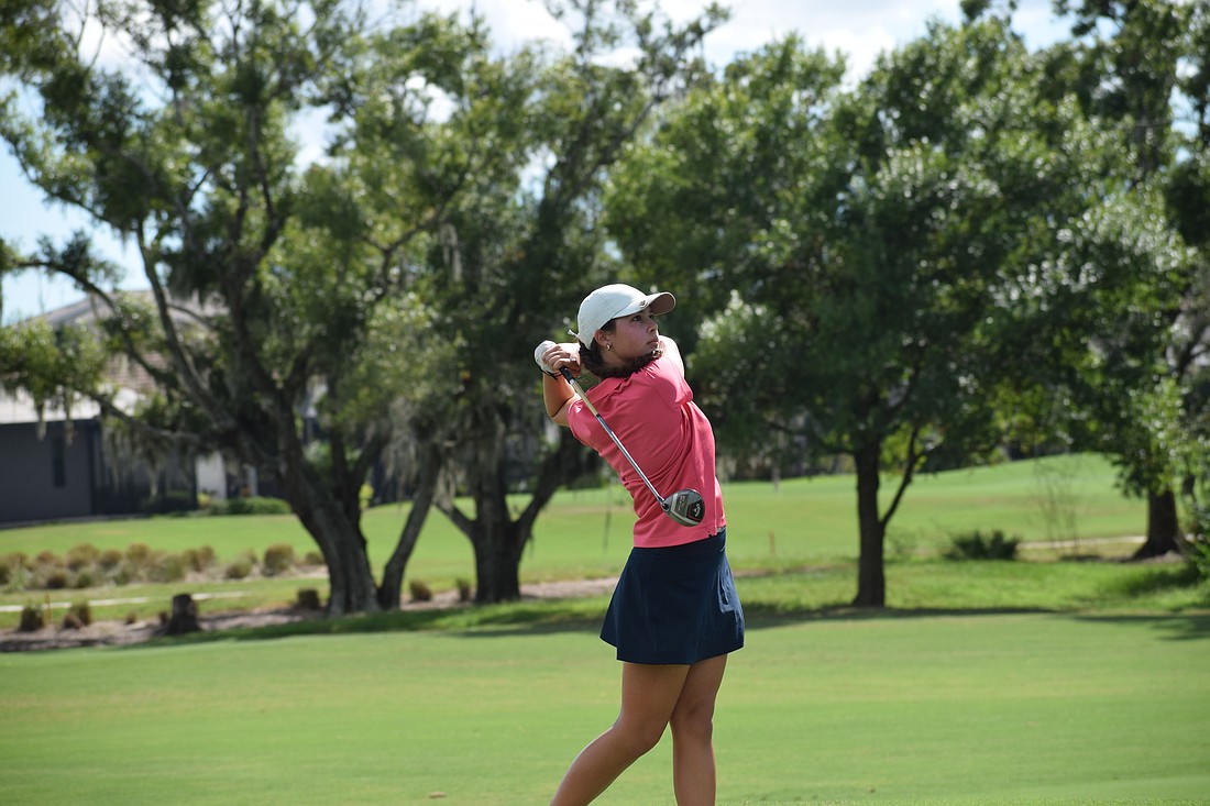 Brooklyn Cullen follows through on a drive during a Sept. 27 match against Northside Christian at Lakewood National Golf Club. The ODA sophomore won medalist at the SSAA championship earlier this month.