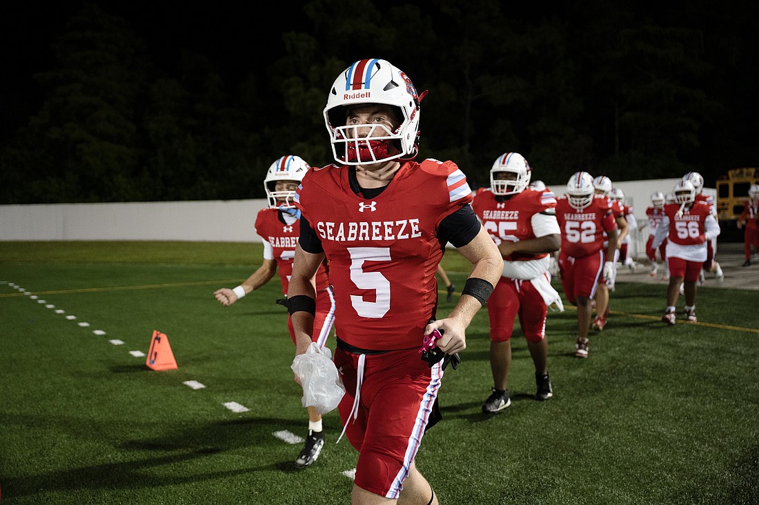 Seabreeze's Owen O'Rourke (5) takes the field before a game against New Smyrna Beach on Sept. 26. O'Rourke scored on a 42-yard screen pass against Viera on Oct. 17. File photo by Michele Meyers