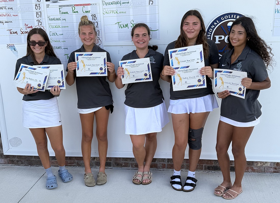 FPC's girls golf team placed second at the Volusia-Flagler tournament: Ivey Tsouklaris, Sydney Adams, Lilah Cool, Sophia Stiwich and Kat Becker. Courtesy photo