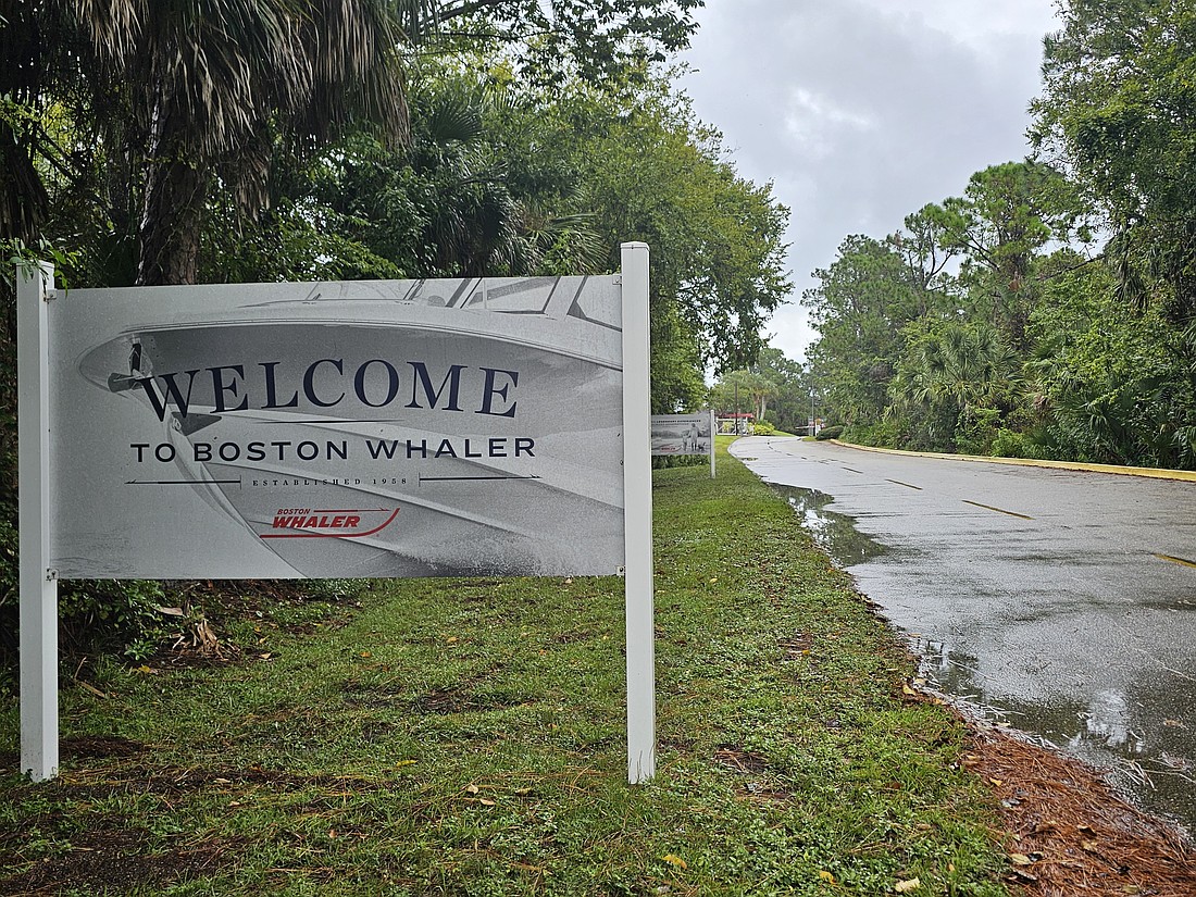 The 'Welcome' sign at the Boston Whaler location in Flagler County. Photo by Sierra Williams