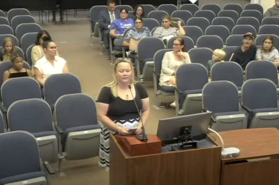Katherine Cheek speaks to the Flagler County School Board on Sept. 23. Image from Flagler Schools video