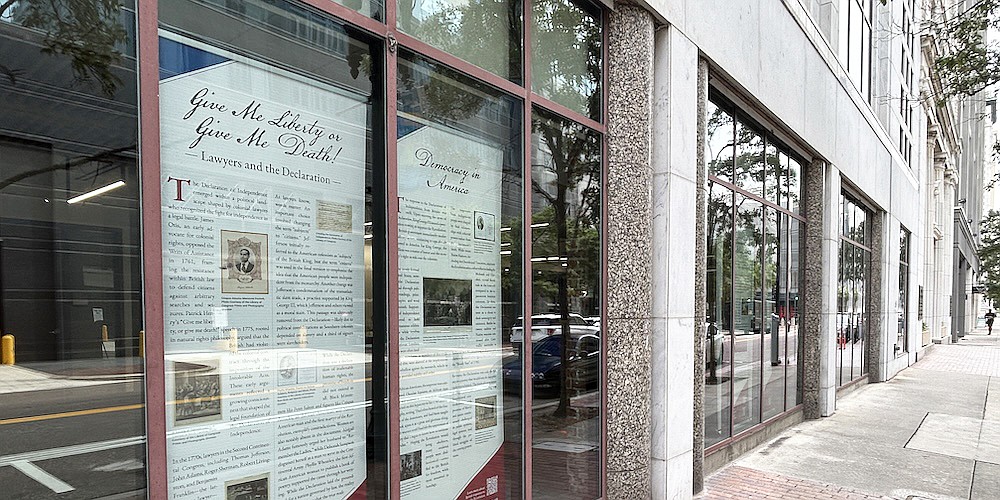 The Jacksonville University College of Law is hosting The American Bar Association traveling exhibit celebrating the 250th anniversary of the signing of the Declaration of Independence. The exhibit is installed in the street-level windows of the College of Law at 121 W. Forsyth St. in Downtown Jacksonville.