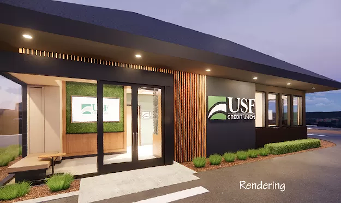 A rendering of USF Credit Union's Winter Park branch in Orange County. The credit union anticipates the new branch to open to the public in spring 2026.