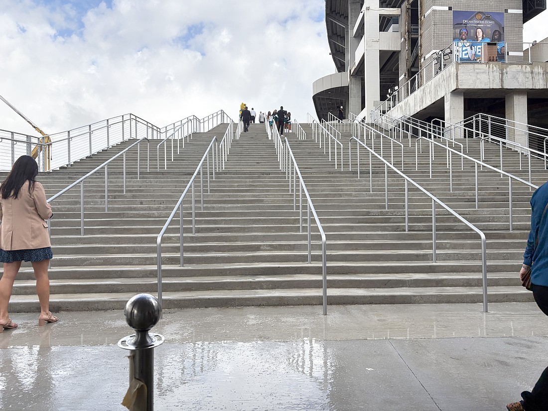 The "Grand Staircase" at Gate 1 to EverBank Stadium. It is at the southwest corner of the stadium near Lot J. The staircase is the first of four to be installed for the "Stadium of the Future" renovation.