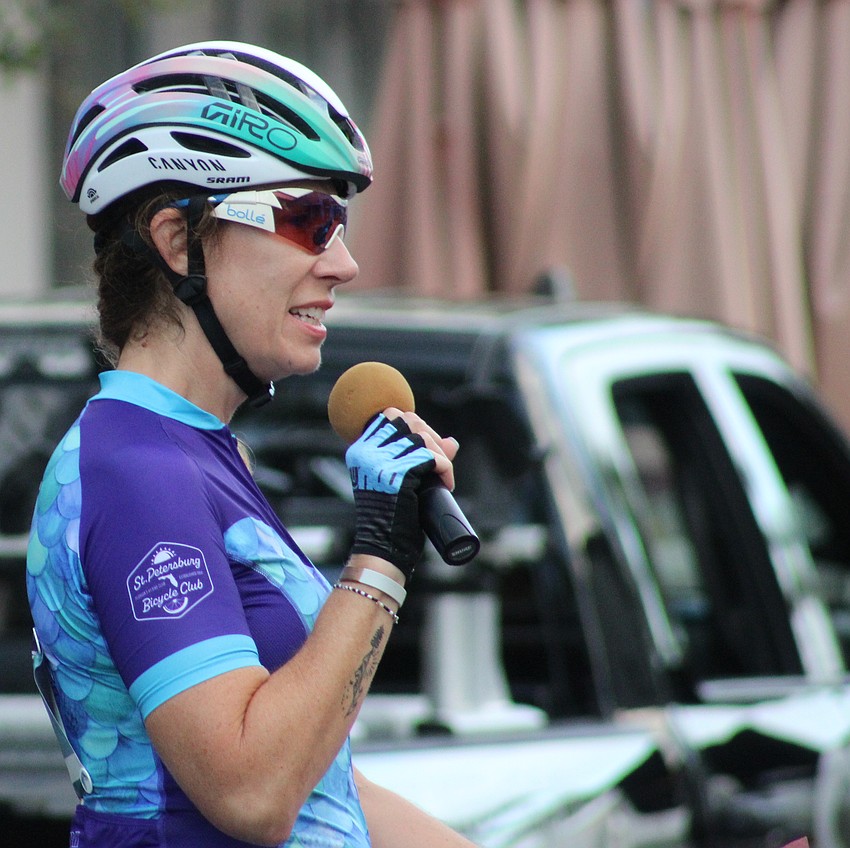 Dawn Zielinski, the president of the Village Idiots Cycling Club, which presented the Women on Wheels Ride with the St Petersburg Bicycle Club, gives final instructions.
