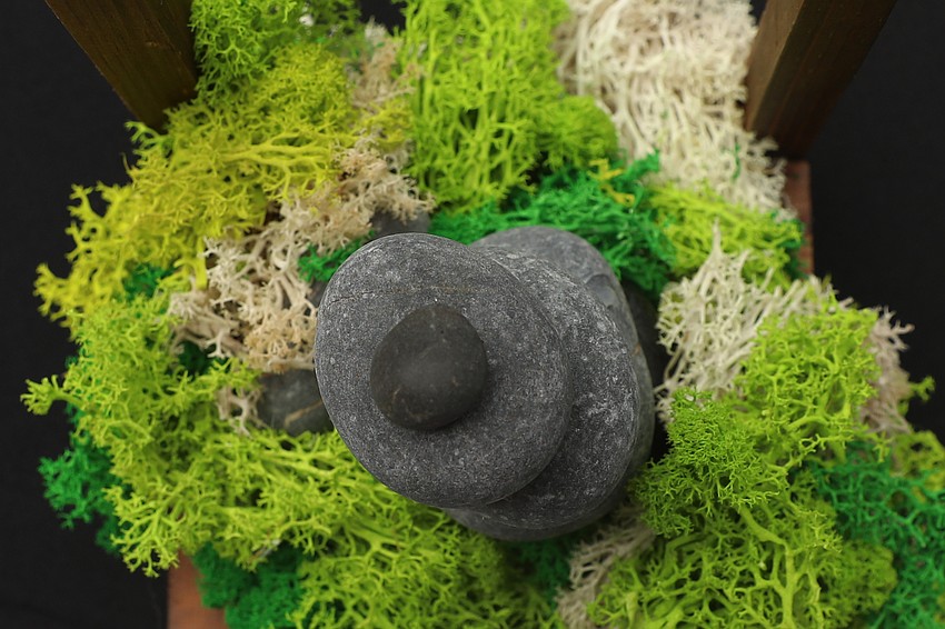 Instead of flower centerpieces each table was adorned with a cairn to encourage mindfulness, stress relief and creativity.