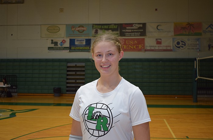 Adalynn Lund poses for a photo during an Oct. 6 practice at Lakewood Ranch High School. The sophomore has been crucial up front for the 15-win Mustangs entering the final week of the regular season.
