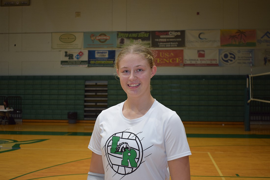 Adalynn Lund poses for a photo during an Oct. 6 practice at Lakewood Ranch High School. The sophomore has been crucial up front for the 15-win Mustangs entering the final week of the regular season.