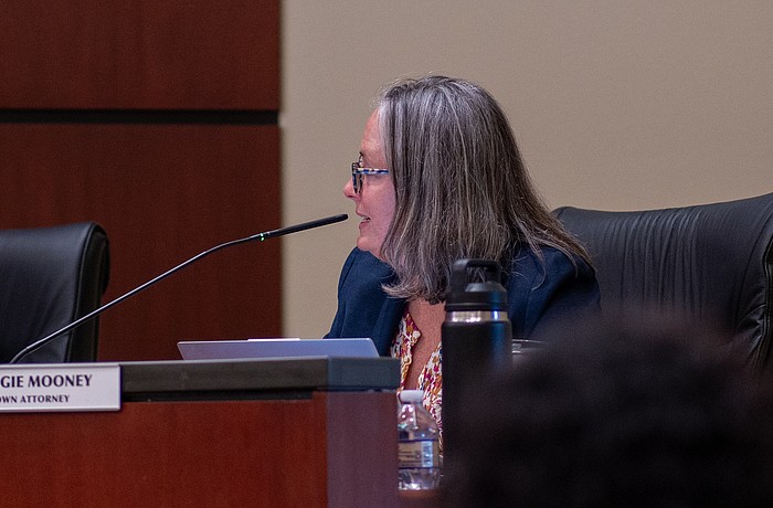 Longboat Key town attorney Maggie Mooney spoke about several issues including a potential Gulf of Mexico Drive renaming and a proposed communications policy at Town Commission's Oct. 6 meeting at town hall. Commission voted to approve a contract, if needed, with outside counsel to represent the Zoning Board of Adjustment in a potential variance hearing with St. Regis.