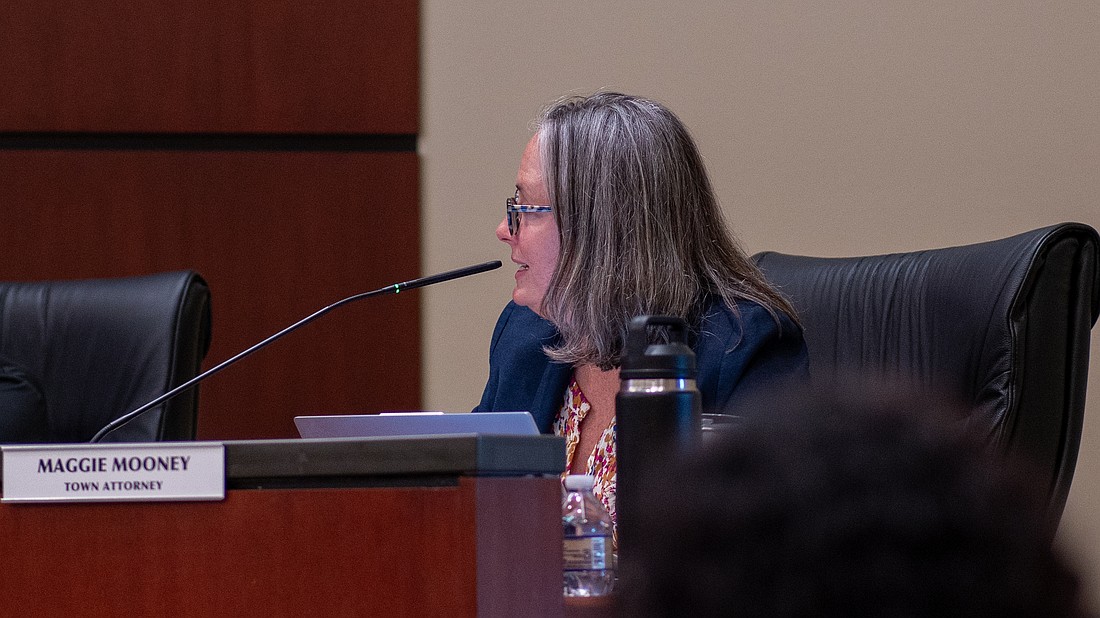 Longboat Key town attorney Maggie Mooney spoke about several issues including a potential Gulf of Mexico Drive renaming and a proposed communications policy at Town Commission's Oct. 6 meeting at town hall. Commission voted to approve a contract, if needed, with outside counsel to represent the Zoning Board of Adjustment in a potential variance hearing with St. Regis.