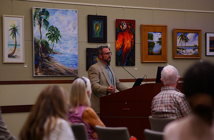 Longboat Key Public Works Director Charlie Mopps speaks at a town commission meeting Oct. 6, 2025 where he spoke about the rebuilding efforts of the town following back-to-back hurricanes in 2024.