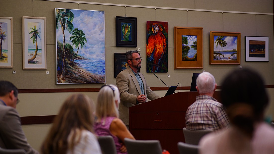 Longboat Key Public Works Director Charlie Mopps speaks at a town commission meeting Oct. 6, 2025 where he spoke about the rebuilding efforts of the town following back-to-back hurricanes in 2024.