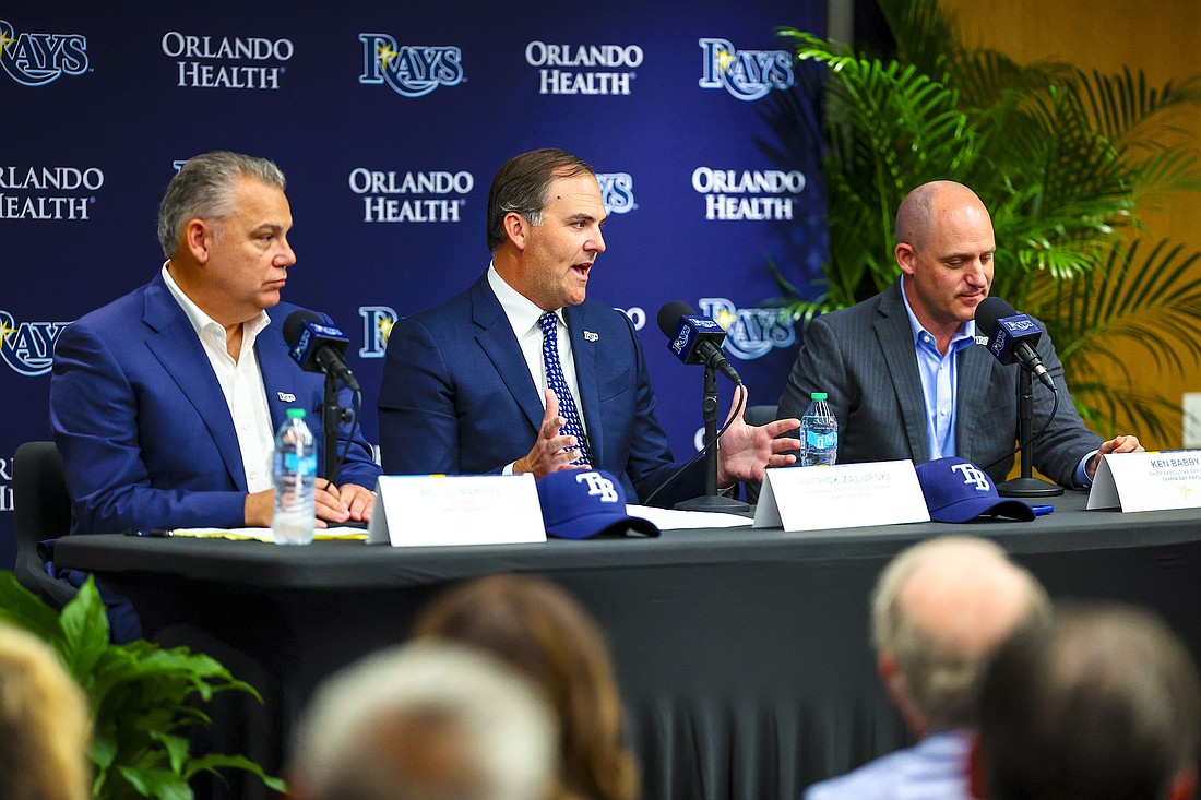 The Tampa Bay Rays new ownership was introduced to the public Tuesday, Oct. 7. L-to-R Bill Cosgrove, co-chair; Patrick Zalupski, managing partner co-chair; Ken Babby, chief executive officer.