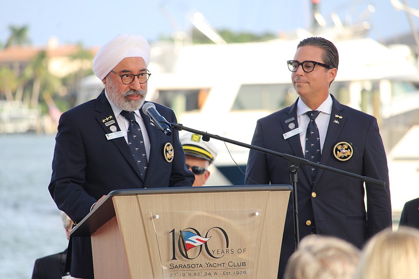 Outgoing Sarasota Yacht Club commodore Harry Anand reflects on his tenure before passing the torch to Robert Milligan on Oct. 3 at the Change of Watch ceremony.