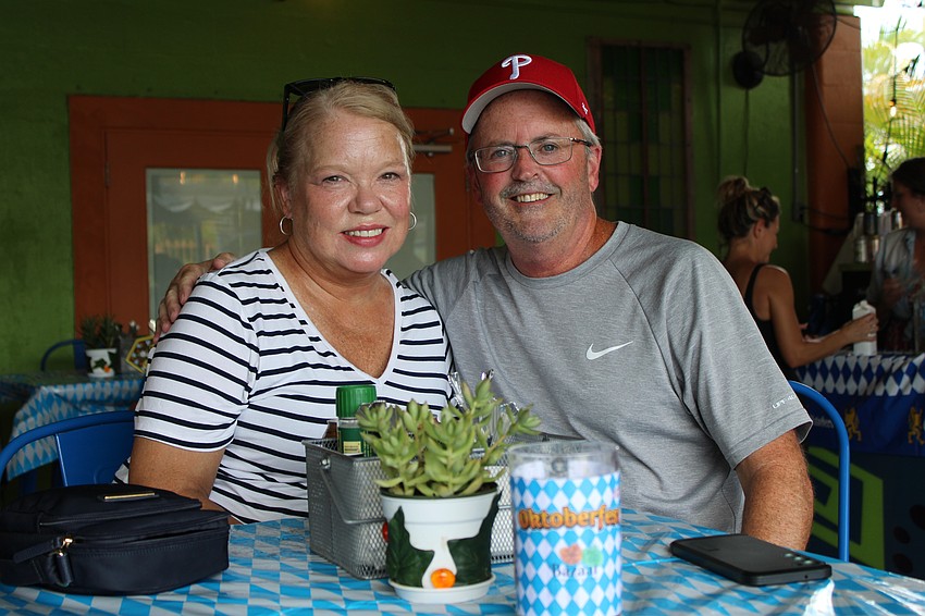 Theresa and Frank Boyla share a smile after he takes third place in the stein-holding competition.