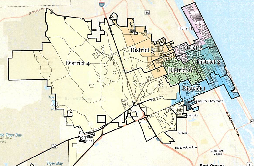 The new boundaries of the Daytona Beach City Commission districts. The bold black lines denote what the new boundaries will be, while the colored section denote the current boundaries. Image courtesy of Daytona Beach City Commission documents