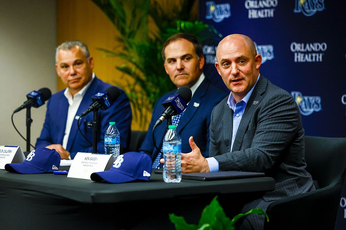 Ken Babby, the new chief executive officer of the Tampa Bay Rays, discusses the team's future Oct. 7. L-to-R Bill Cosgrove, co-chair, is on the left and Patrick Zalupski, managing partner co-chair is in the middle.
