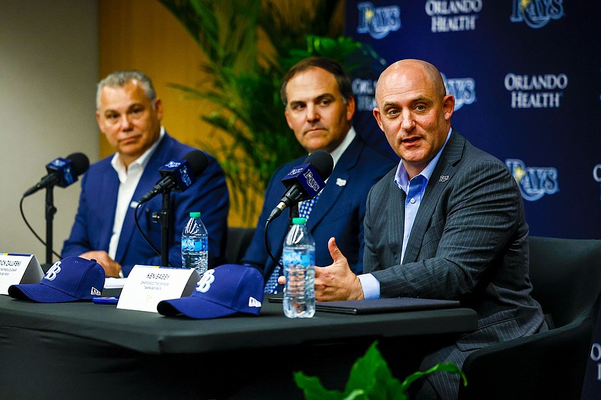 Ken Babby, the new chief executive officer of the Tampa Bay Rays, discusses the team's future Oct. 7. L-to-R Bill Cosgrove, co-chair, is on the left and Patrick Zalupski, managing partner co-chair is in the middle.