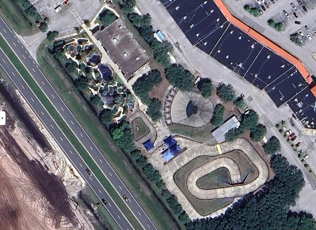 A satellite view of the Adventure Landing amusement park in St. Augustine shows the go-kart track and mini-golf areas.