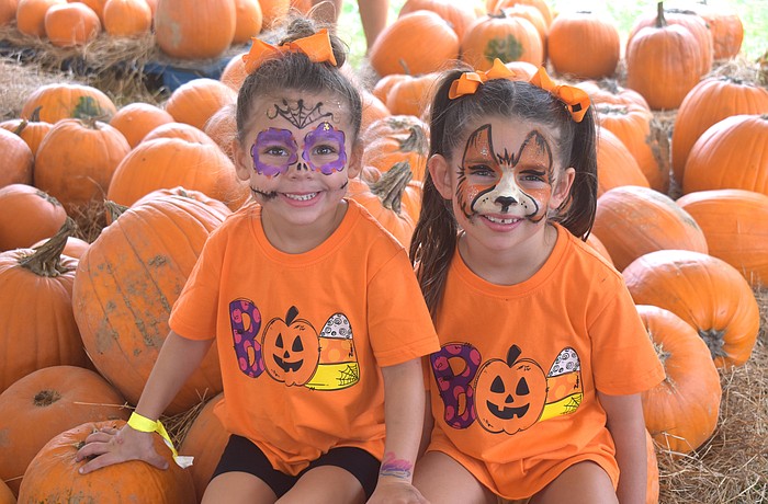 Sarasota's Ariana Swayka, 4 and Alexia Swayka, 6 are in the full holiday spirit with their Halloween themed shirts and face paint.