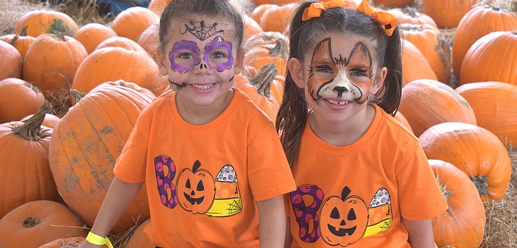 Sarasota's Ariana Swayka, 4 and Alexia Swayka, 6 are in the full holiday spirit with their Halloween themed shirts and face paint.