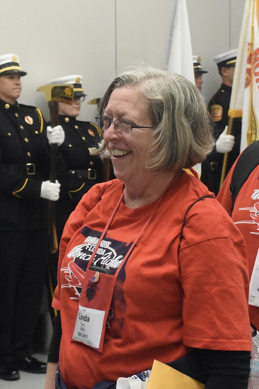 Linda Gould, an army veteran from Sarasota, arrives at the airport.