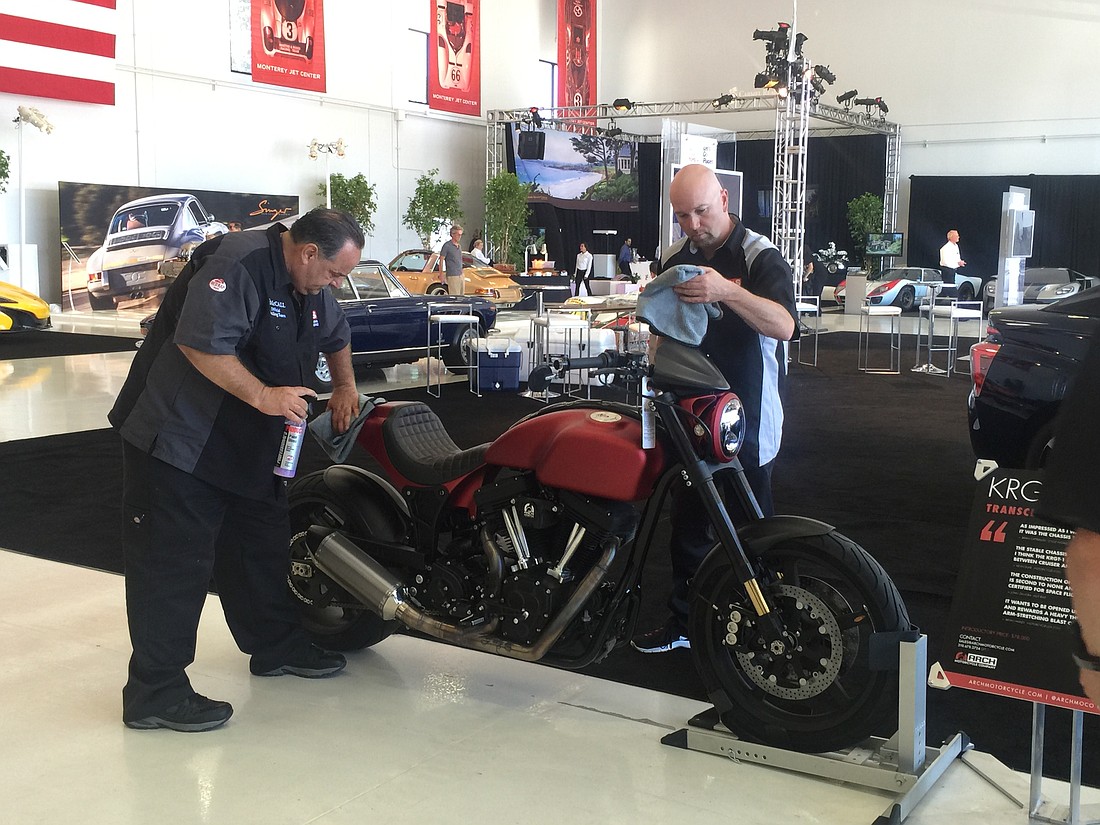 Harry Sandwith and Bob Wiener work on Keanu Reeves' Arch Bike.