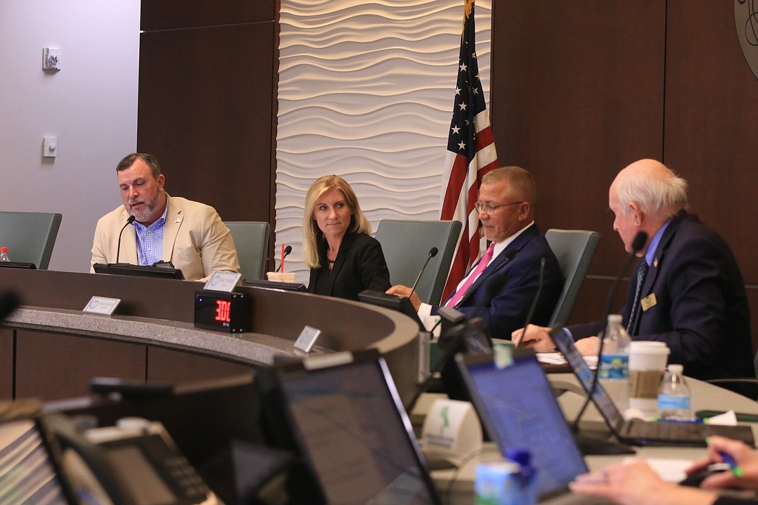The Palm Coast City Council, with Councilman Gambaro attending virtually, discuss the city manager candidates. Photo by Sierra Williams