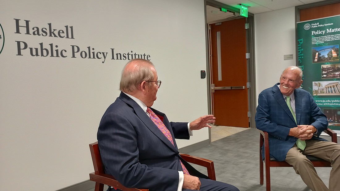 Jacksonville University College of Law Randall C. Berg Jr. Founding Dean Nick Allard, left, and Preston Haskell, who made a $12 million gift to the university to establish the Haskell Public Policy Institute, a partnership between the institute and the law school.