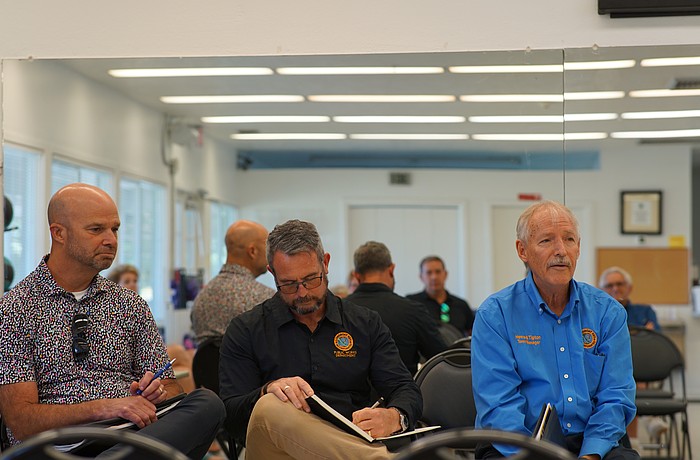 Longboat Key Planning and Zoning Director Allen Parsons (left), Public Works Director Charlie Mopps (center) and Town Manager Howard Tipton answered questions from the community at the monthly “Let’s Talk Longboat” meeting at the Bayfront Park recreation center Tuesday, Oct. 14.