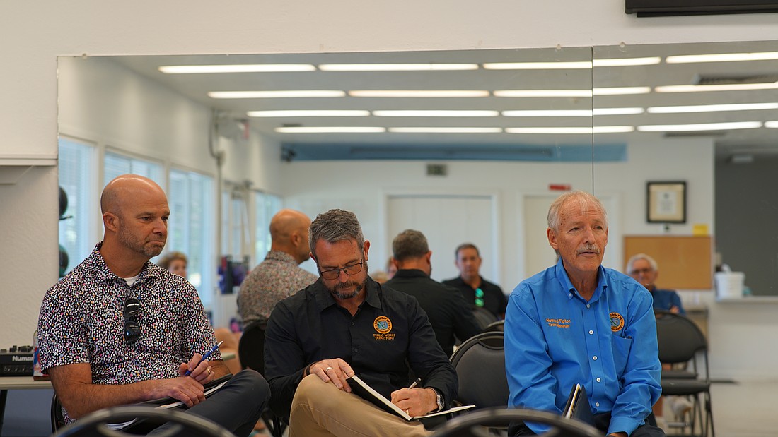 Longboat Key Planning and Zoning Director Allen Parsons (left), Public Works Director Charlie Mopps (center) and Town Manager Howard Tipton answered questions from the community at the monthly “Let’s Talk Longboat” meeting at the Bayfront Park recreation center Tuesday, Oct. 14.