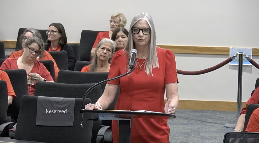 Volusia United Educators President Elizabeth Albert speaks before the School Board on Tuesday, Oct. 14. Screenshot of the Volusia County School Board livestream