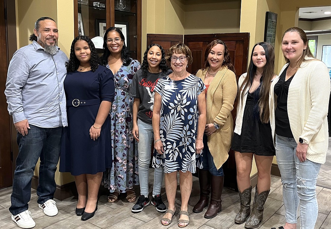 Kennedy Hardie, Analiah Hester and Isabel Lee shared their experiences from AAUW Florida Tech Trek Camp at the AAUW Flagler County Branch’s recent Tech Trek Camper Recognition Luncheon. From left: Kadesh Hardie, Kennedy Hardie, Natasha Hardie, Analiah Hester, Tech Trek Coordinator Susan Baird, Isabel Lee, Gabriella Hille and Angela Hille. Camper not pictured: Sophia Costa. Courtesy photo