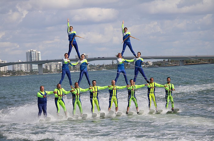 Despite choppy conditions, the Sarasota Ski-A-Rees finished last Sunday's show with a grand finale three-tier pyramid.