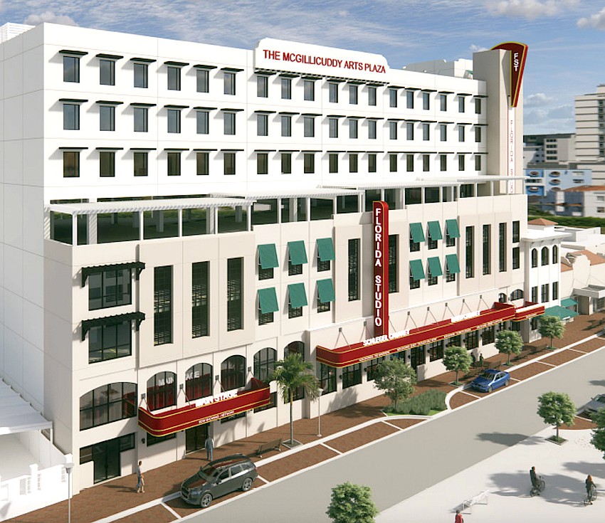 A rendering of Florida Studio Theatre's McGillicuddy Arts Plaza. A rendering of Florida Studio Theatre's McGillicuddy Arts Plaza.