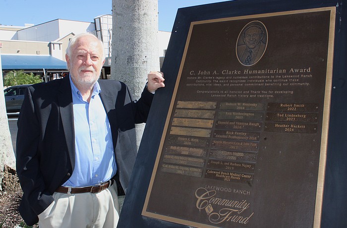 Rex Jensen will have his name added to the C. John A. Clark Humanitarian Award plaque at Main Street at Lakewood Ranch as the 2025 honoree.