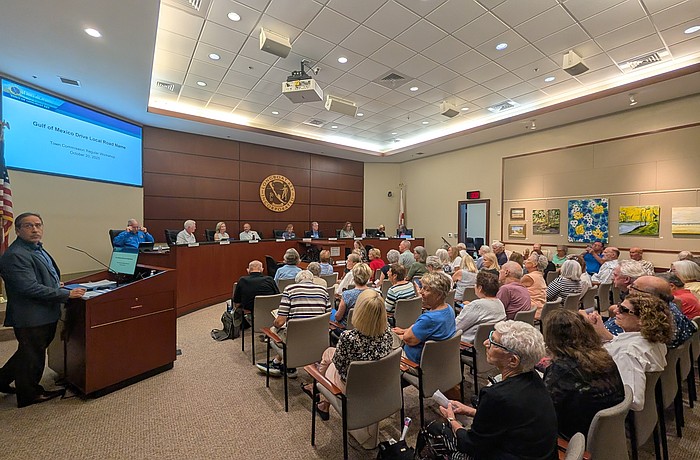 Town Hall commission chambers were at capacity for a workshop meeting to discuss whether or not to rename Gulf of Mexico Drive, and monitors with additional seating were set up outside for an overflow crowd.