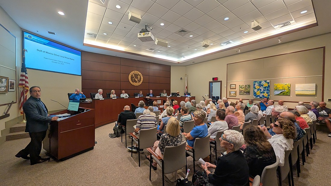 Town Hall commission chambers were at capacity for a workshop meeting to discuss whether or not to rename Gulf of Mexico Drive, and monitors with additional seating were set up outside for an overflow crowd.