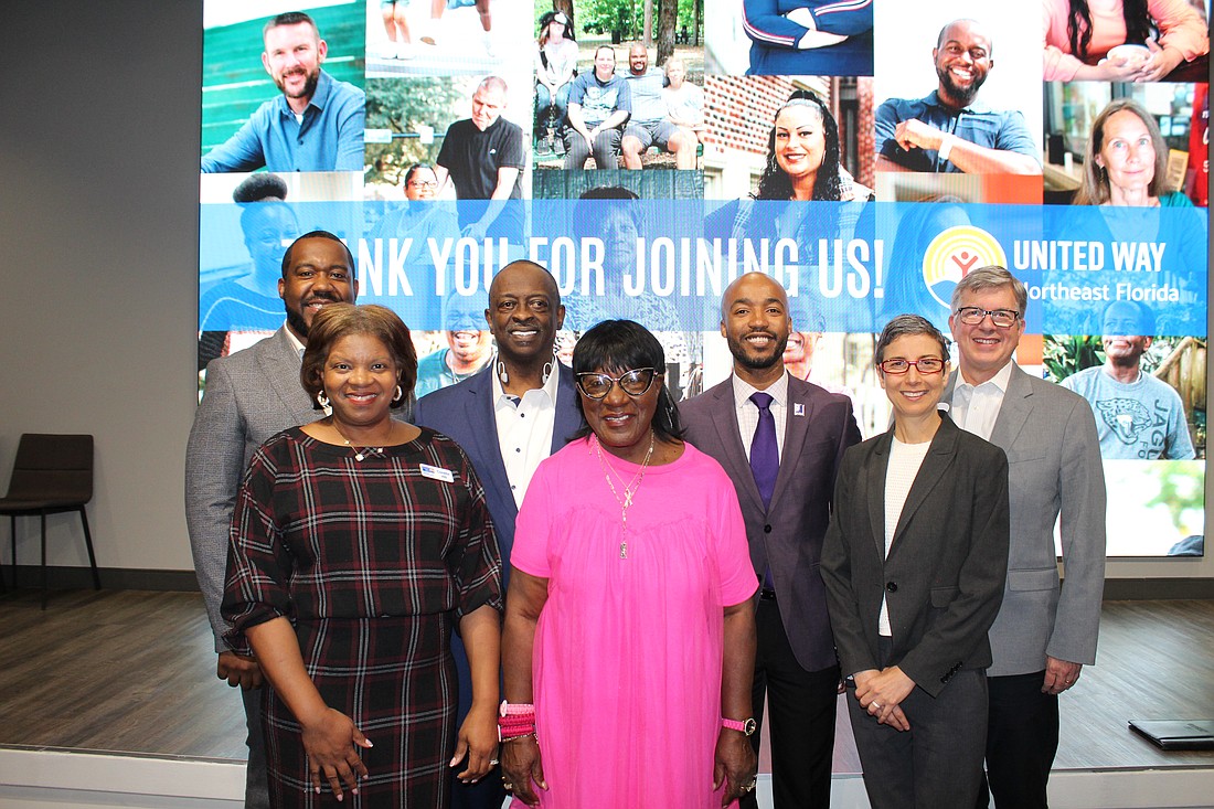 The United Way of Northeast Florida announced its goals through 2020 at a meeting Oct. 22 at the Jessie Ball duPont Center. Front row, from left: Coretta Hill, United Way COO; Shirley Thomas, president of the North Riverside Community Development Coalition; and Melanie Patz, United Way president and CEO. Back row, from left: James Ellout, United Way vice president of community impact; Darnell Smith, Florida Blue North Florida market president and United Way board chair;  Phillip Simmons, Goodwill Industries of Northeast Florida vice president of mission programs; and David Clark, Downtown Ecumenical Services Council executive director.