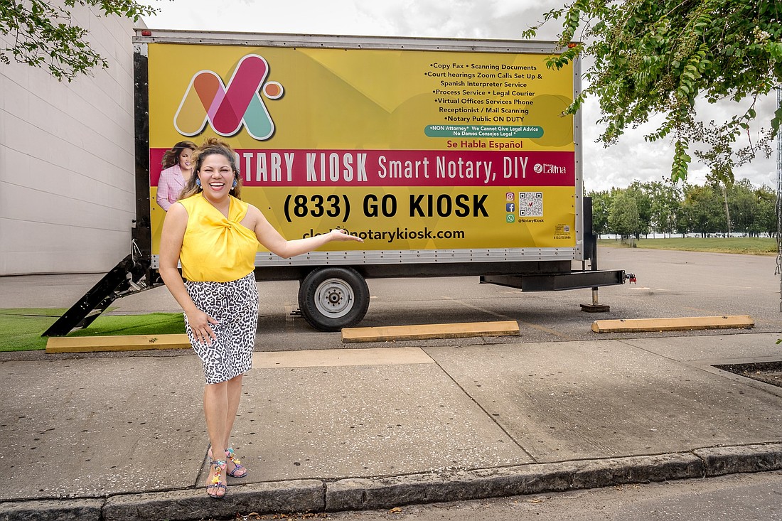 Tampa notary Sara Román launched the Notary Kiosk, a mobile notary office operating out of a yellow trailer, in June 2025 to make it easier to provide her services to underserved communities.