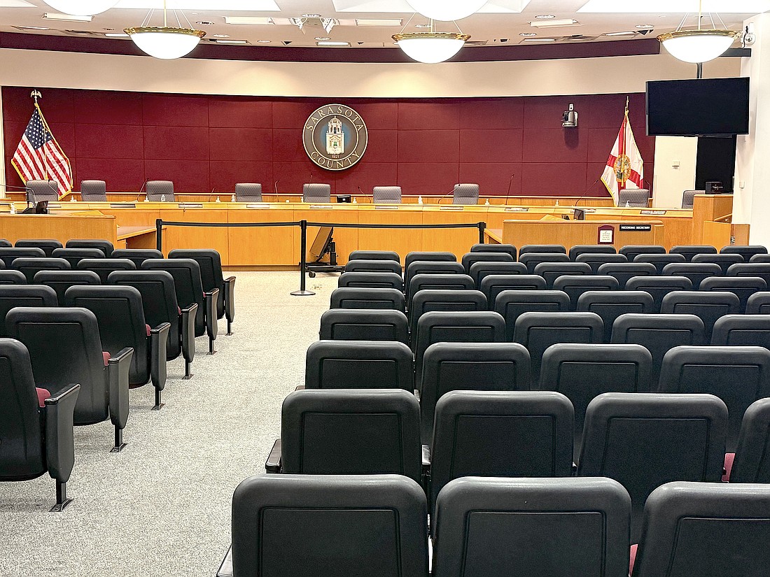 The meeting chamber at the former Sarasota County Administration Center now stands empty after the final County Commission meeting held there on Oct. 21.