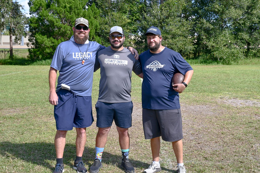 Legacy’s assistant coaches Jed Ebersole and Jackson Toth are working with head coach Brandon Bristow to teach the team eight-man football.