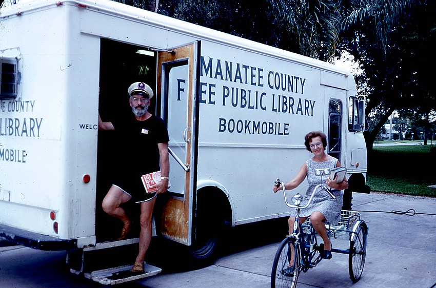 According to the Manatee County Public Library System, this is the county's first bookmobile. Librarian Vera Neff launched the bookmobile in the summer of 1964 with a rotating schedule of stops throughout the county. The man and woman in the photo are
