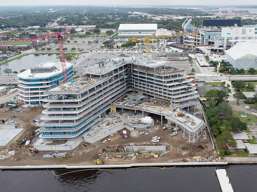 The Four Seasons Hotel and Residences under construction along Bay Street in Downtown Jacksonville across the street from EverBank Stadium.