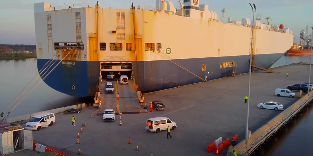 Southeast Toyota Distributors accepted the first delivery of vehicles to its new processing center at Jacksonville Port Authority’s Blount Island Marine Terminal Blount Island Marine Terminal on Oct. 23 in this image from a JaxPort video.