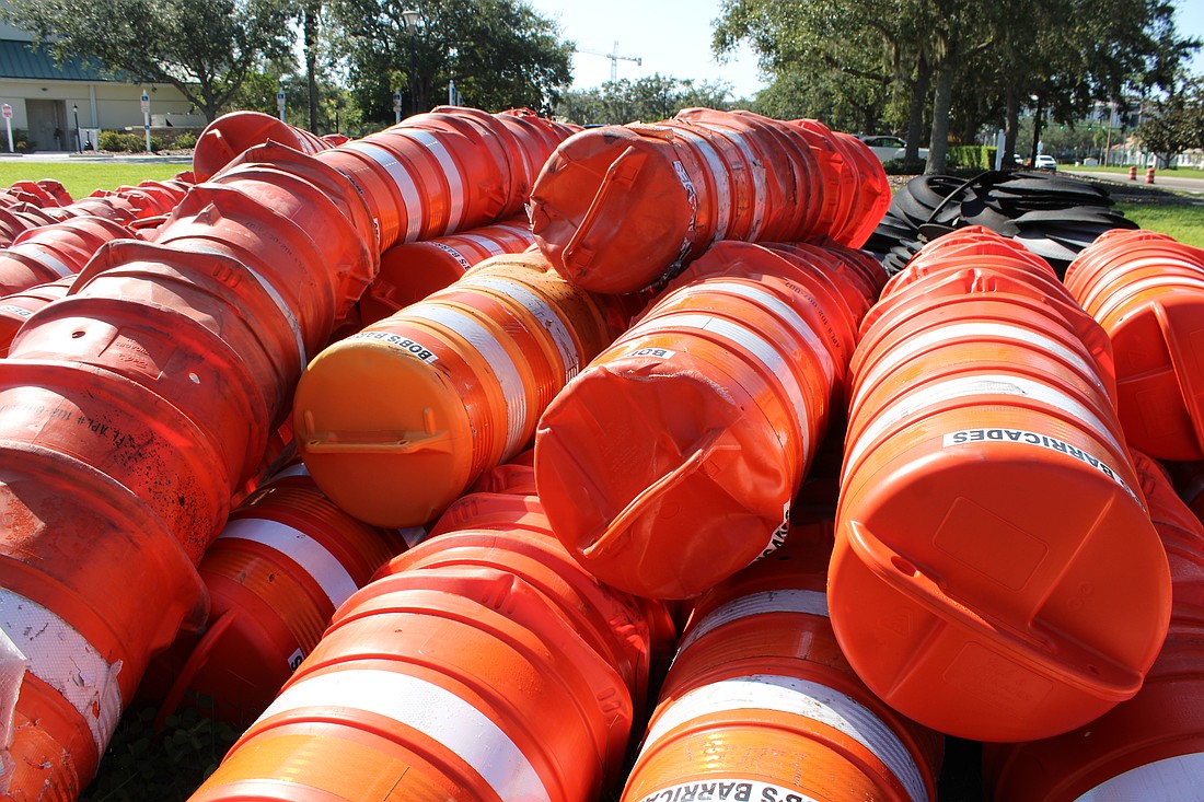 Bob's barricades have found a temporary home outside Lakewood Ranch Town Hall as road crews move them on and off Lakewood Ranch Boulevard as lane closures are required.