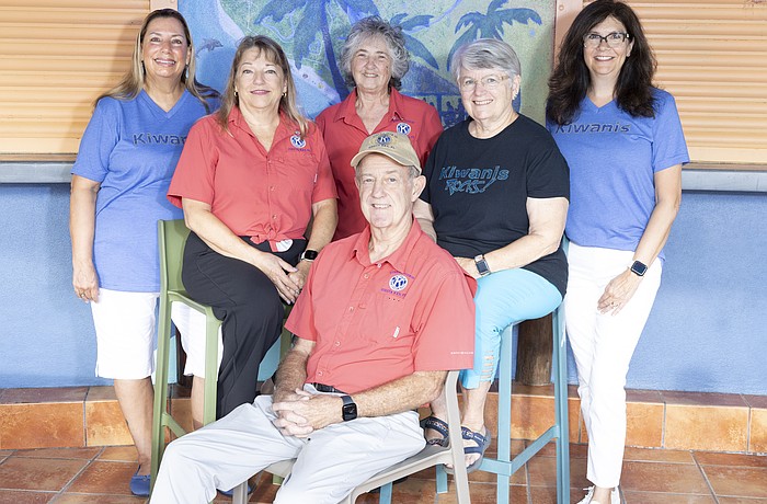 Siesta Key Kiwanis Club members Shawna Smith, incoming president Mary-Lynn Desjarlais, Joy Horne Jones, Candace Anderson, Kimberley Amos and Steve Stonecipher (front). The club meets the first and third Wednesday of the month at Gecko's on Clark Road in Sarasota. (Photo taken at Hub Baja Grille on Siesta Key.)