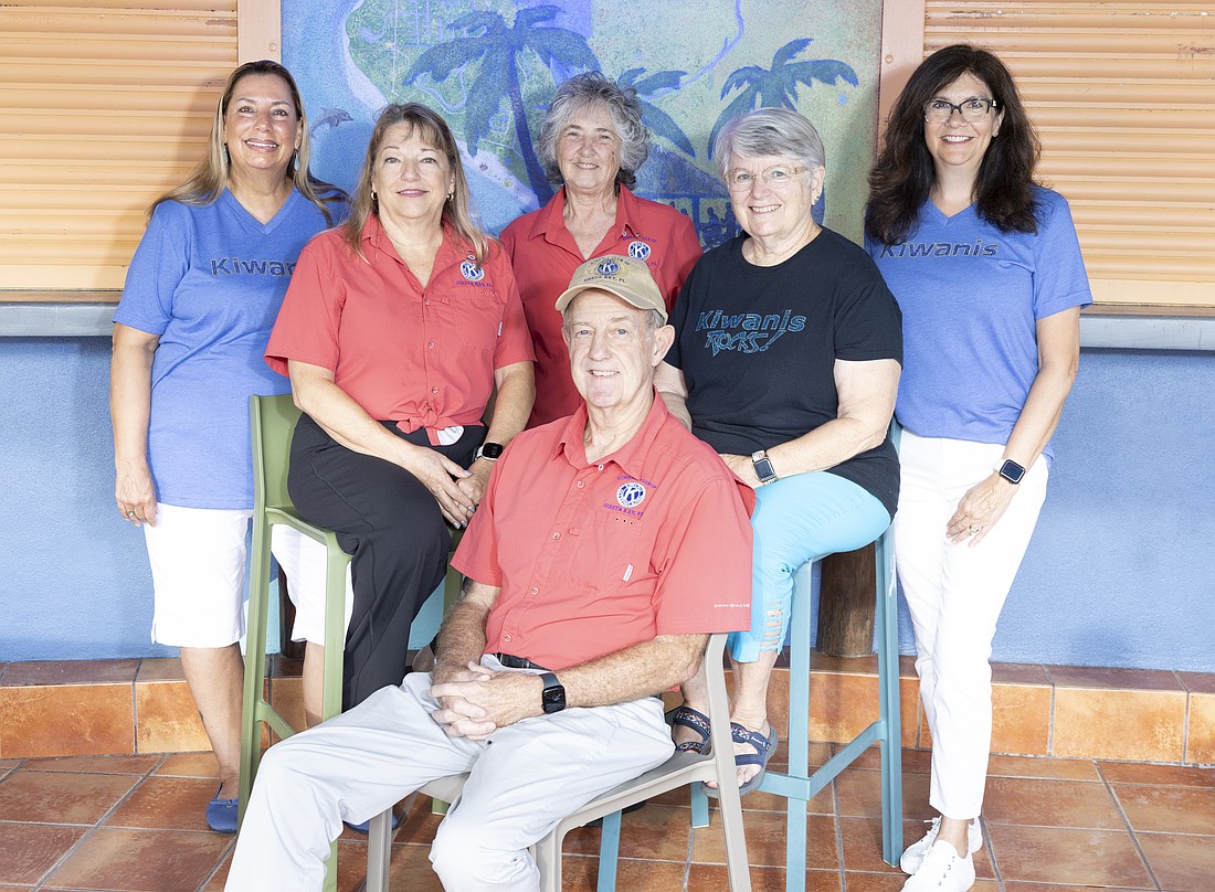Siesta Key Kiwanis Club members Shawna Smith, incoming president Mary-Lynn Desjarlais, Joy Horne Jones, Candace Anderson, Kimberley Amos and Steve Stonecipher (front). The club meets the first and third Wednesday of the month at Gecko's on Clark Road in Sarasota. (Photo taken at Hub Baja Grille on Siesta Key.)