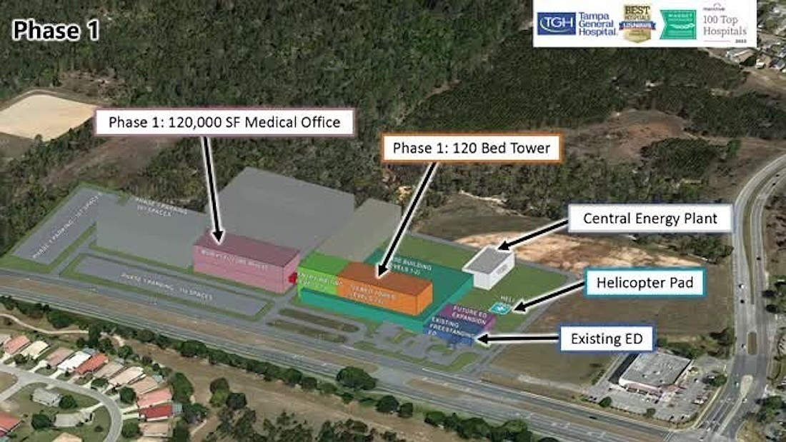 A rendering of Tampa General Hospital's planned 53-acre expansion in Citrus Hills includes a 120-bed tower, a 120,000-square-foot medical office, a central energy plant and a helicopter pad next to the existing TGH Crystal River Emergency Center.