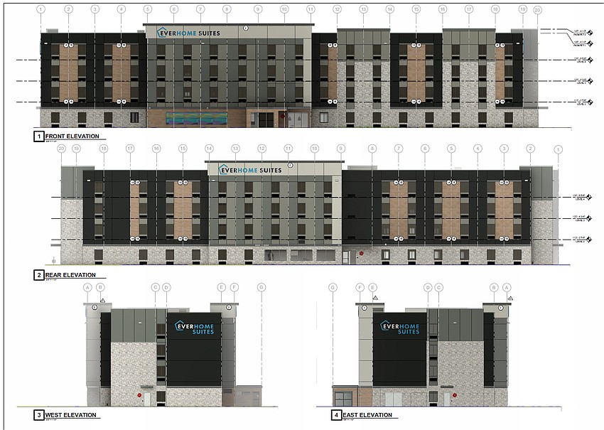 The elevation drawing for the Everhome Suites planned in the Regency area of Arlington.